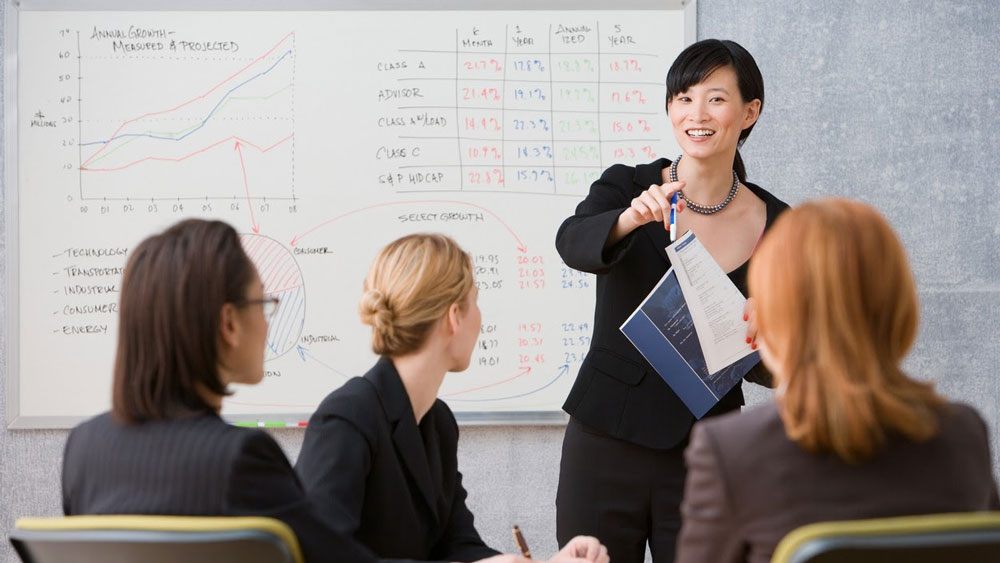 A female education leader stands in front of a whiteboard and points to three female members of her team.