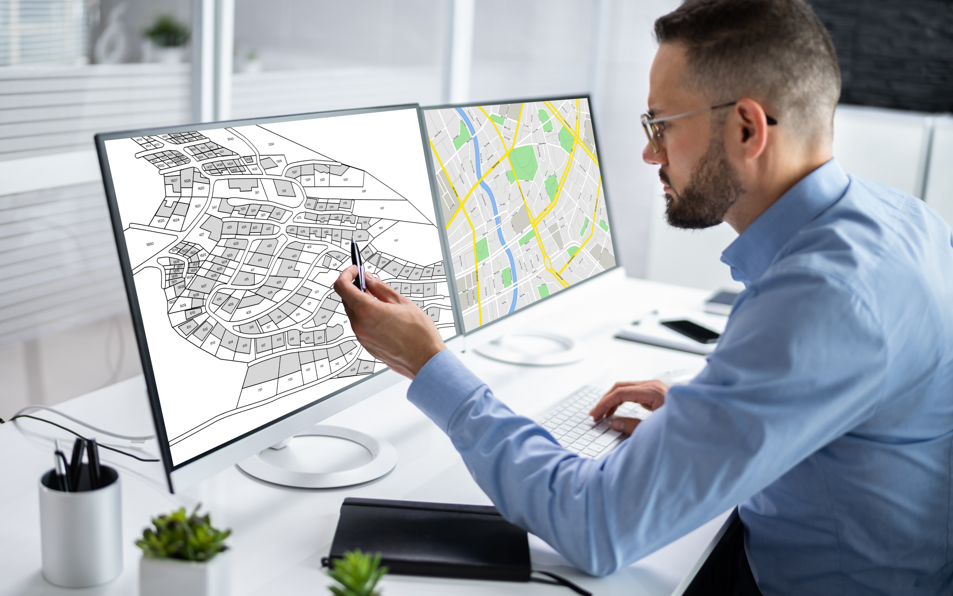 A professional analyzing digital maps on dual monitors